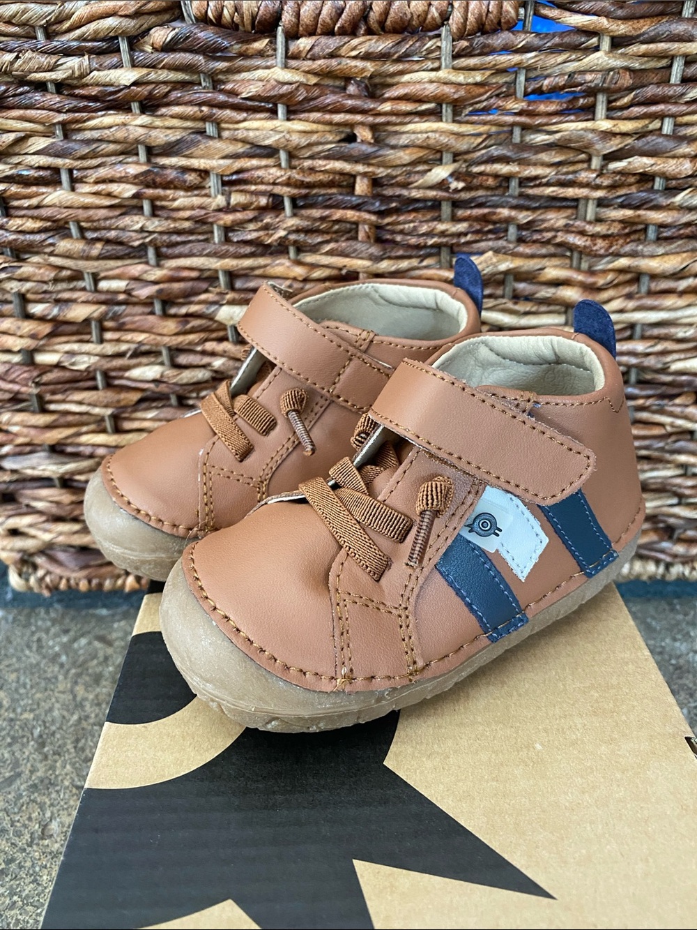 Old Soles Brown Leather Baby Sneakers with Blue Accents